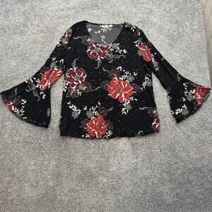 Cato Woman Shirt Womens 14/16 Black Red Floral Bell Sleeve Stretch Top Boho